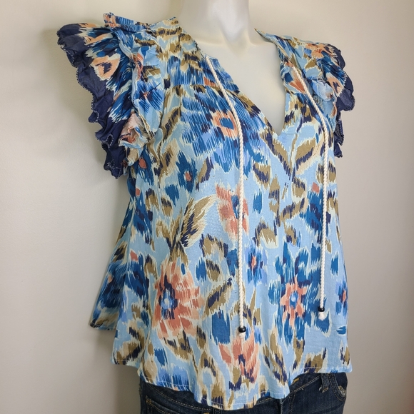 House of Harlow 1960 Zoey Blue Abstract Floral Print Ruffle Sleeve Top Small - Picture 3 of 11